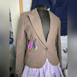 Vtg 80's Pendelton Wool Brown Tweed Blazer Jacket with Colorful Butterfly Accent